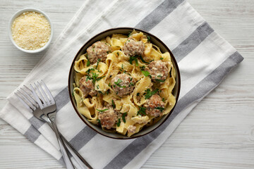 Homemade One-Pot Swedish Meatball Pasta in a Bowl, top view. Flat lay, overhead, from above.
