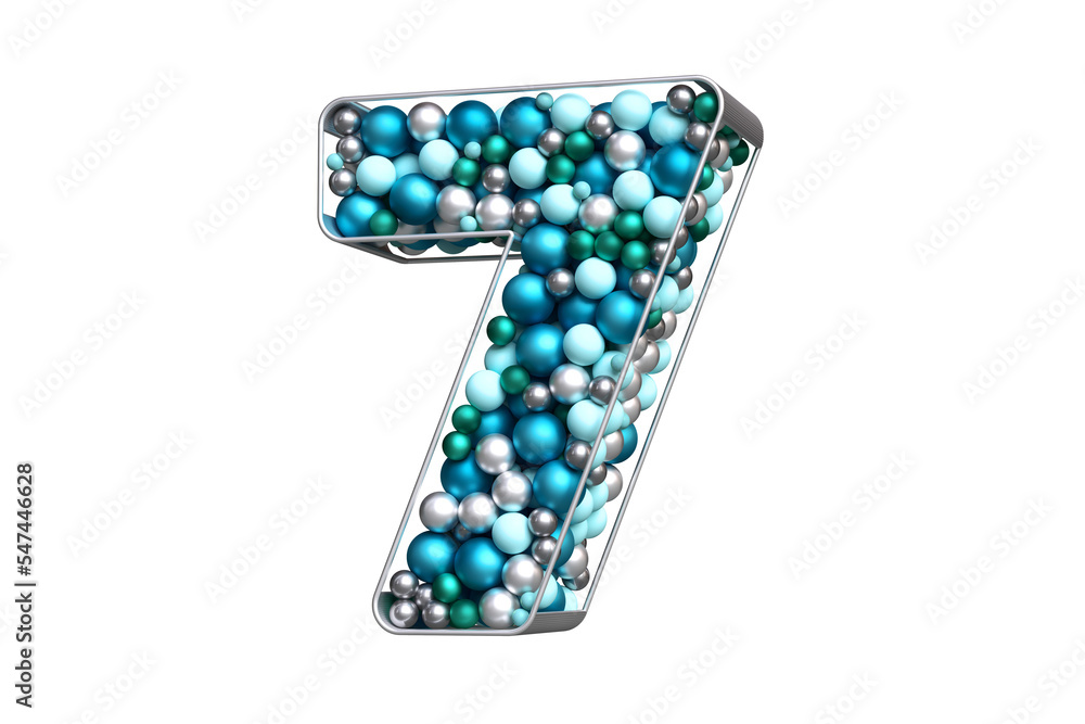 Poster christmas typography of blue, silver and teal balls floating in a silvery shape. beautiful number 7 