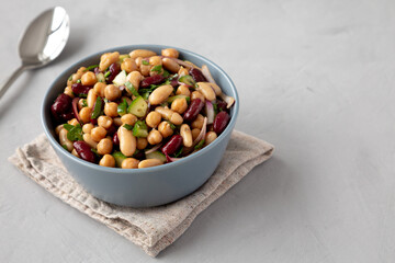 Homemade Three Bean Salad in a Bowl, side view. Space for text.