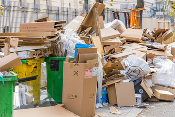 Pile of garbage during a waste collection service strike in Paris, France