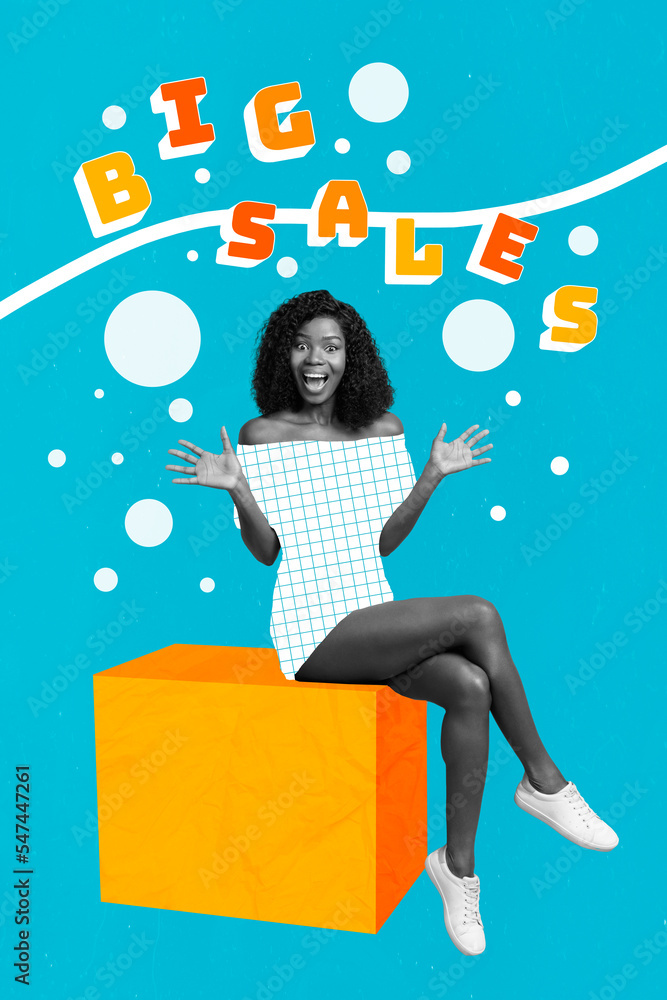 Sticker Composite collage image of excited happy cheerful young woman sitting cube big sale text shopper shopping discount advertisement banner