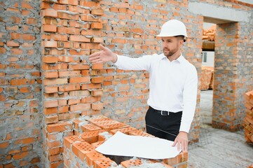 Engineering Consulting People on construction site holding blueprint in his hand. Building inspector. Construction site check drawing and business workflow of new building.