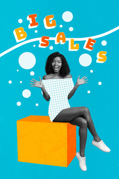 Composite collage image of excited happy cheerful young woman sitting cube big sale text shopper shopping discount advertisement banner