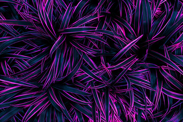 tropical leaves, purple abstract background, neon glow color toned