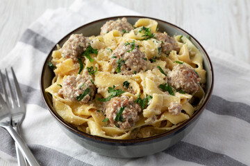 Homemade One-Pot Swedish Meatball Pasta in a Bowl, side view.