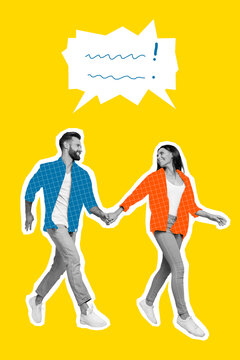 Composite collage image of walking couple marriage talking speech bubble comics cloud have fun communicate dating speaking bonding