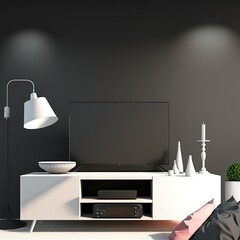 Tv interior room mockup with black tv, white desk and objects, hanging lamp, and black painted wall. 3d rendering. 3d illustration