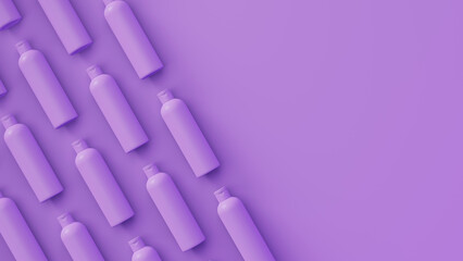 Lavender cosmetic bottles with soft shadow on background. Perfect ordered bottles diagonal layout. 3d render illustration