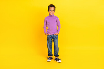 Fototapeta na wymiar Full size portrait of cheerful friendly person put hands pockets toothy smile isolated on yellow color background