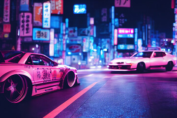 two tuned pink racing cars in tokyo with neon lights, JDM Japanese Domestic Market - obrazy, fototapety, plakaty