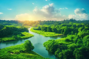 Foto op Plexiglas Green landscape with lake and trees © Generative Professor