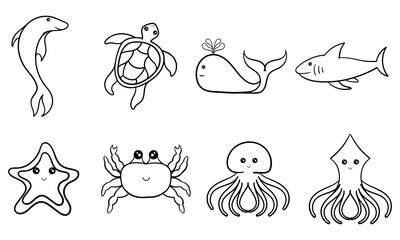 hand drawn collection of underwater animals with happy faces on a white background
