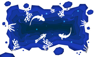abstract background paper cut under the sea, Under the sea, where the fish live and the surrounding coral reefs, scuba divers swim. Under the ocean, there is a wide variety of creatures