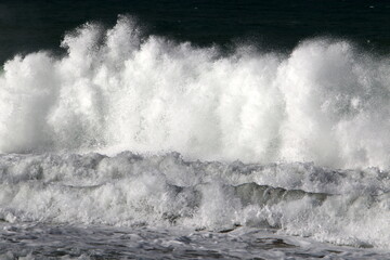 Storm and wind on the Mediterranean Sea in northern Israel.
