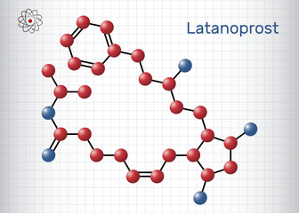 Latanoprost molecule. It is isopropyl ester prodrug used to treat increased intraocular pressure. Structural chemical formula, molecule model. Sheet of paper in a cage