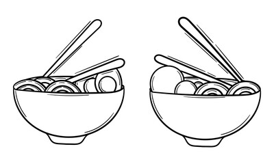 illustration of noodles and eggs, and noodles and meatballs in a bowl with chopsticks on it