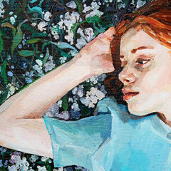 Red-haired beauty, a young girl dreams on the field among different summer herbs and wild flowers. Oil painting on canvas.