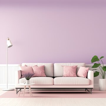 Horizontal Space With Bright Mockup Empty Painted Wall. Very Peri Lavender Lilac Paint Color Background. Living Room Modern Design Interior Home Lounge Or Reception. 3d Render