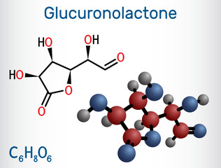 Glucuronolactone molecule. It is naturally occurring substance, used in energy drinks. Structural chemical formula and molecule model.