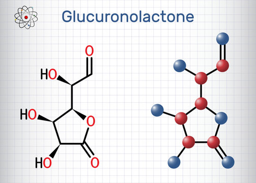Glucuronolactone molecule. It is naturally occurring substance, used in energy drinks. Structural chemical formula and molecule model. Sheet of paper in a cage