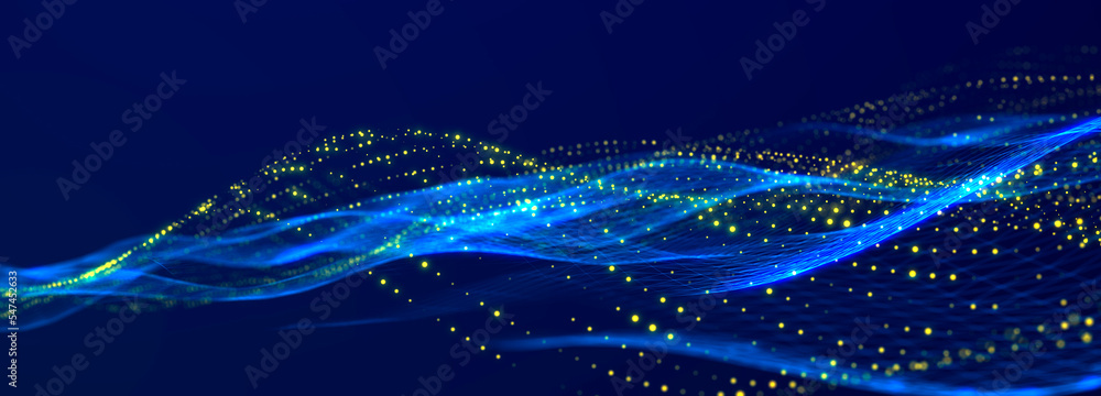 Leinwandbilder Futuristic dots pattern on dark background. Colored music wave. Big data. Technology or Science Banner. 3D rendering