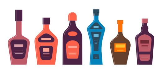 Set bottles of liquor cream rum vodka whiskey tequila. Icon bottle with cap and label. Graphic design for any purposes. Flat style. Color form. Party drink concept. Simple image shape