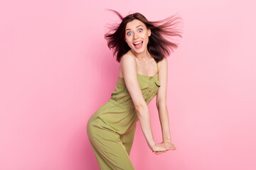 Profile photo of hooray brunette lady dance wear khaki overall isolated on pink color background