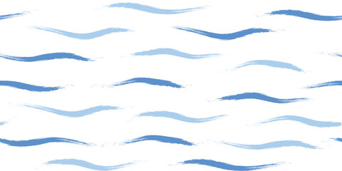 Seamless Wave Pattern, Hand drawn cute water vector background. Watercolor sea brush smears, baby paint lines design