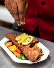 grilled salmon steak with vegetables