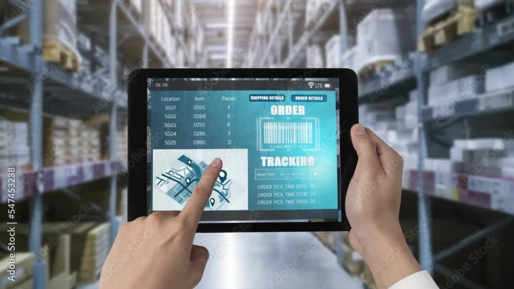 Poster warehouse management deft software in computer for real time monitoring of goods package delivery . 