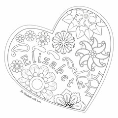 Naklejka premium Black and white flower decoration with name Elizabeth, heart frame. Coloring book page. Vector illustration.