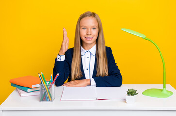 Portrait of cheerful smart person learner sit behind table hold arm want give answer good mood...