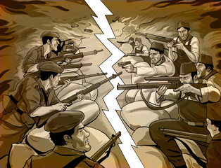 Battle scene concept in comic style. Soldiers in trenches firing. Grey colour. Soldiers in trenches firing.