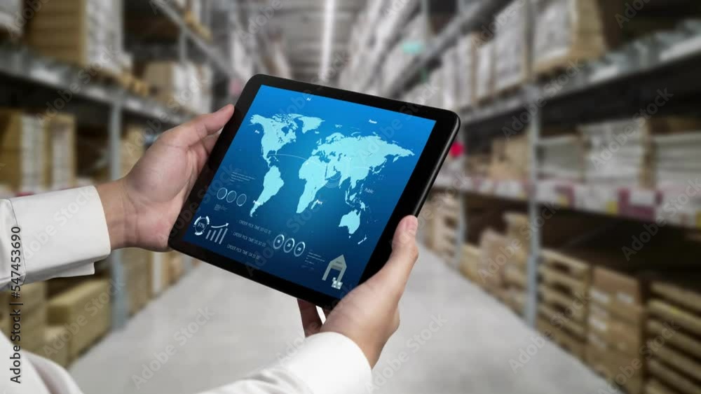 Poster warehouse management deft software in computer for real time monitoring of goods package delivery . 