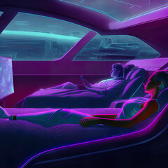 Abstract People sleeping in a futuristic autonomous self-driving Car Interior, 3D digital Illustration