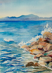 Sea waves crash against the rocks on the shore. Watercolor drawing.
