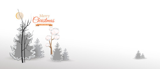 Winter forest -  snow-covered spruces, trees,  moon and inscription Merry Christmas,  Happy New Year in low poly style on a white background. Vector template for banner, website header, greeting card.