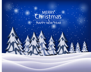 Fototapeta premium Merry Christmas. Winter holiday landscape with snowdrifts and snowy fir trees. Vector 3d illustration. Seasonal nature background. Frosty snow hills.