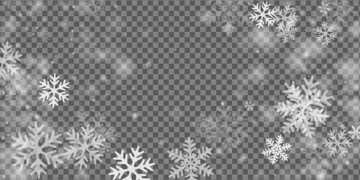 Beautiful falling snow flakes design. Snowstorm fleck freeze granules. Snowfall weather white transparent illustration. Little snowflakes december vector. Snow hurricane landscape.