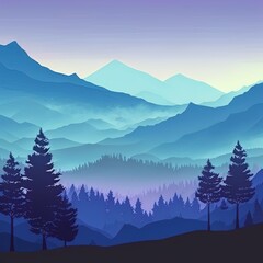 blue gradation mountain scenery nature background illustration and pine trees