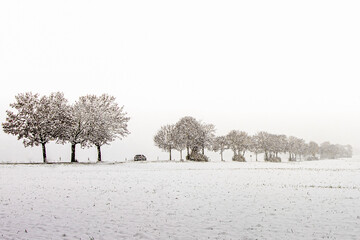 a car traveling along a snow covered road with trees along the highway next to a grass field