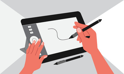 hand holding tablet computer vector art illustration.