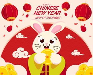 Flat happy chinese new year 2023, rabbit and coin with traditional abstract ornament used for template, banner, background and greeting card.