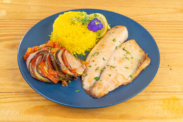 healthy food plate, Fresh, Top view on wood table.