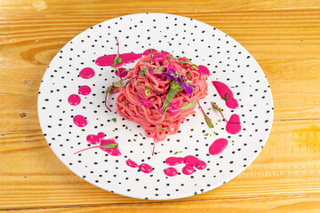 healthy food plate, Fresh, Top view on wood table.