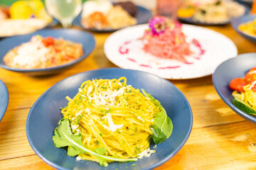 Food and drink shot of several different healthy meals using tropical fruits, inspired dishes