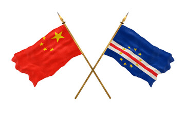 Background for designers. National Day. 3D model National flags  of People's Republic of China and Cape Verde