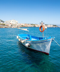view of Ischia Ponte with sea and boats - obrazy, fototapety, plakaty
