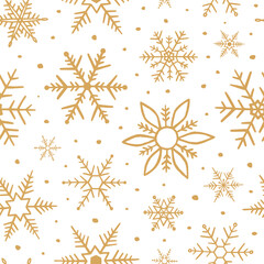Hand drawn snowflake doodle seamless pattern. Delicate golden winter background. Abstract texture snow backdrop. Sketch snowflakes for design wallpaper, wrapping paper, wrapper. Vector illustration