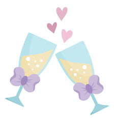Vector wedding clinking glasses with purple bow and sparkling drink. Cute marriage symbol clipart element for bride, groom. Just married couple banquet decoration. Cartoon ceremony illustration